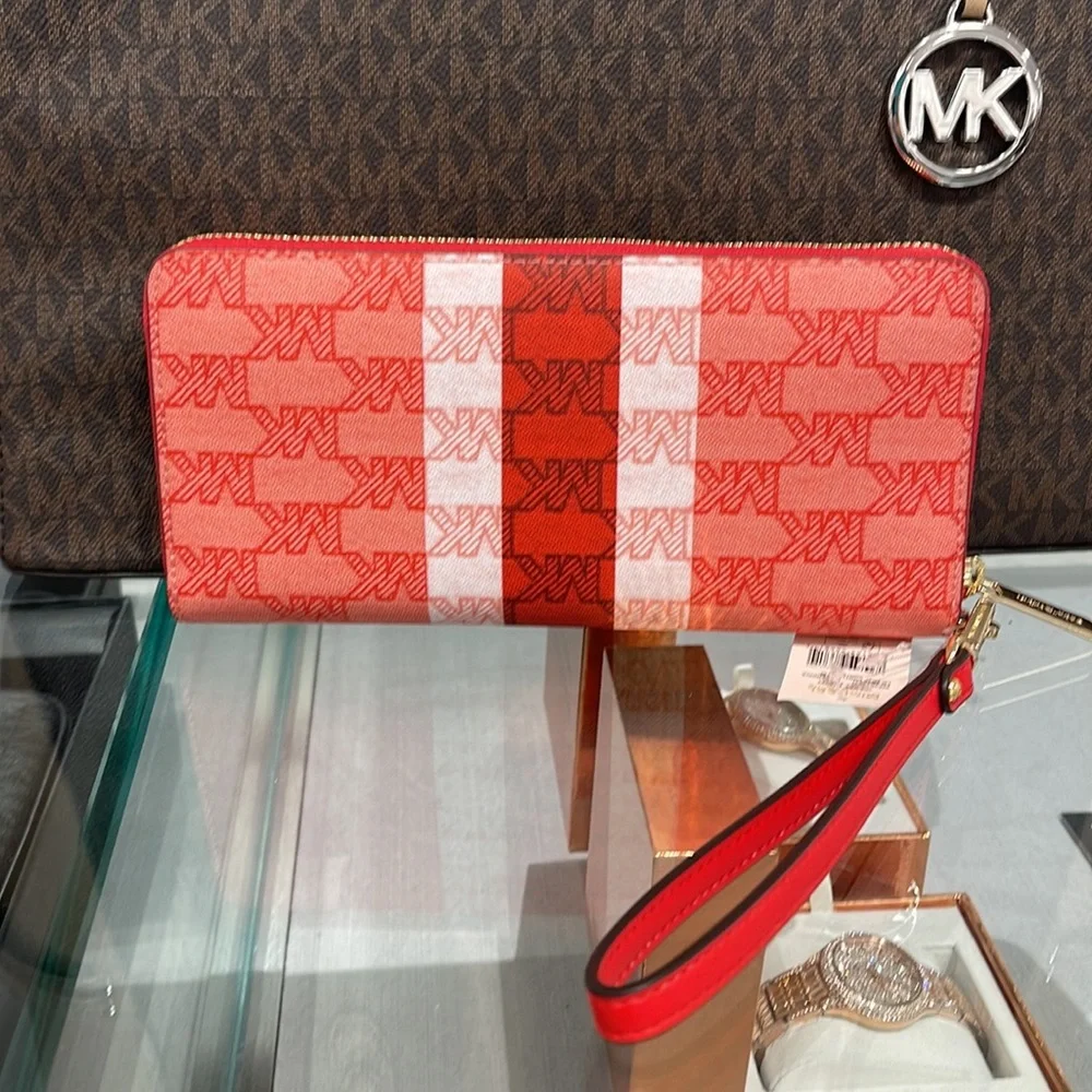 MICHAEL KORS Leather Continental Phone Holder Wristlet Wallet Dark Sungria NWT